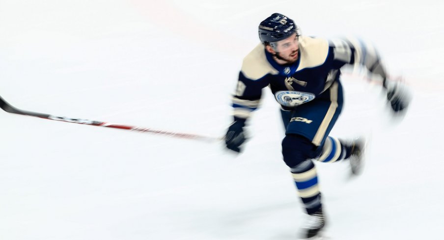 Columbus Blue Jackets center Liam Foudy (19) skates on the ice against the Tampa Bay Lightning in the second period at Nationwide Arena.