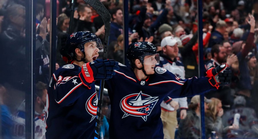 Oliver Bjorkstrand (28) celebrates with teammate center Gustav Nyquist (14) after scoring a goal against the New York Rangers in the second period at Nationwide Arena.