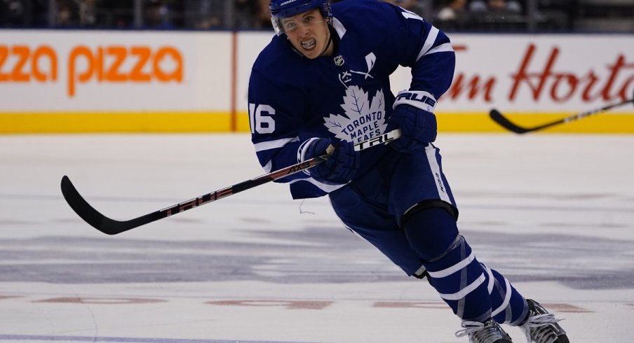 Mitch Marner skates against the Blue Jackets