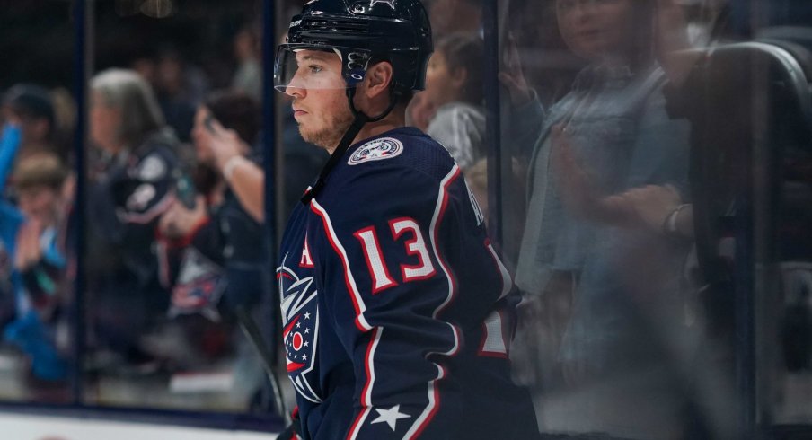 Columbus Blue Jackets right wing Cam Atkinson (13) skates on the ice prior to the game against the Buffalo Sabres at Nationwide Arena.