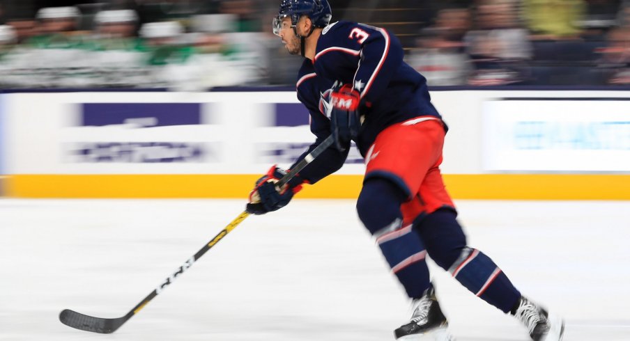 Columbus Blue Jackets defenseman Seth Jones (3) controls the puck against the Dallas Stars in the second period at Nationwide Arena.