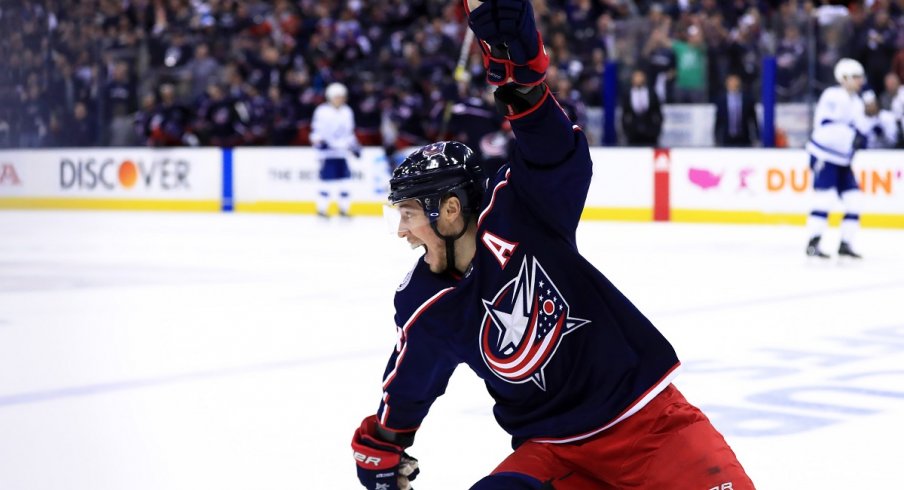 Cam Atkinson celebrates after scoring a goal against the Tampa Bay Lightning in the 2019 Stanley Cup Playoffs at Nationwide Arena