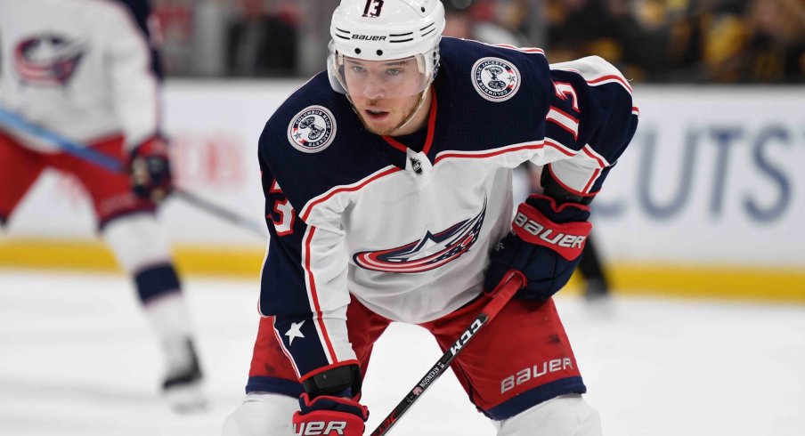 Apr 27, 2019; Boston, MA, USA; Columbus Blue Jackets right wing Cam Atkinson (13) gets set for a face-off during the first period in game two of the second round of the 2019 Stanley Cup Playoffs against the Boston Bruins at TD Garden.