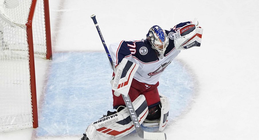 Joonas Korpisalo #70 of the Columbus Blue Jackets stops a shot against the Toronto Maple Leafs during the first period in Game Two of the Eastern Conference Qualification Round prior to the 2020 NHL Stanley Cup Playoff at Scotiabank Arena on August 04, 2020 in Toronto, Ontario, Canada. 