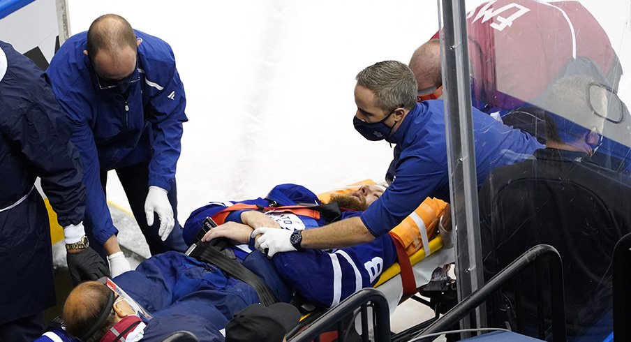 Jake Muzzin leaving Scotiabank Arena Tuesday evening