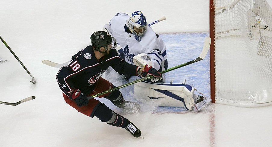 Pierre-Luc Dubois caps his hat trick with a game winner in overtime against the Toronto Maple Leafs.