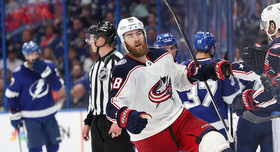 Davis Savard celebrates after scoring against the Tampa Bay Lightning in the 2019 Stanley Cup Playoffs.