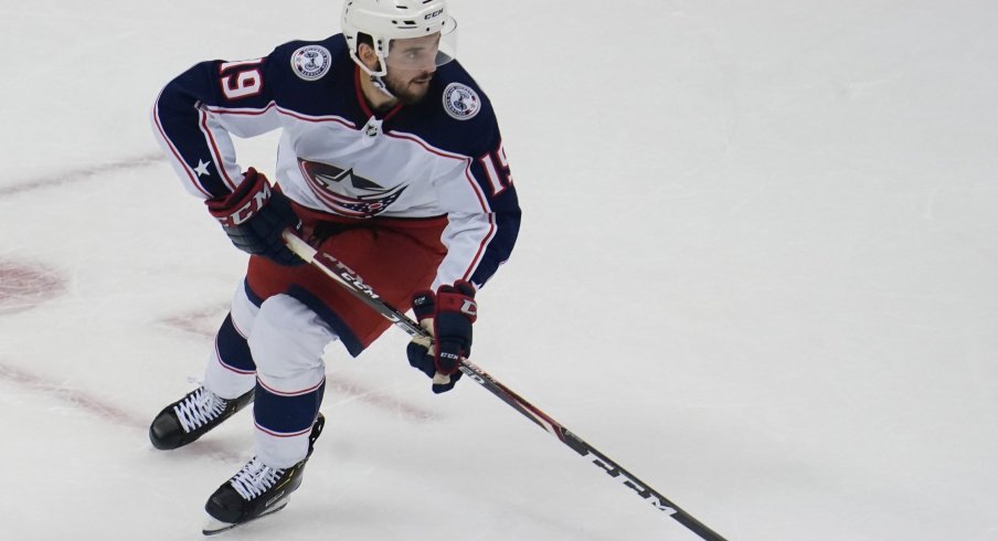 Aug 9, 2020; Toronto, Ontario, CAN; Columbus Blue Jackets forward Liam Foudy (19) carries the puck against the Toronto Maple Leafs during the third period of game five of the Eastern Conference qualifications at Scotiabank Arena. Columbus eliminated Toronto with a win.