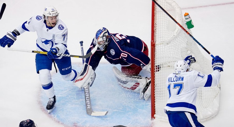  Alex Killorn scores a goal against Joonas Korpisalo in Game 3