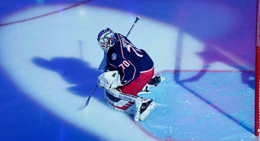 Columbus Blue Jackets goaltender Joonas Korpisalo (70) before game three of the first round of the 2020 Stanley Cup Playoffs against the Tampa Bay Lightning at Scotiabank Arena. Mandatory Credit: John E. Sokolowski-USA TODAY Sports