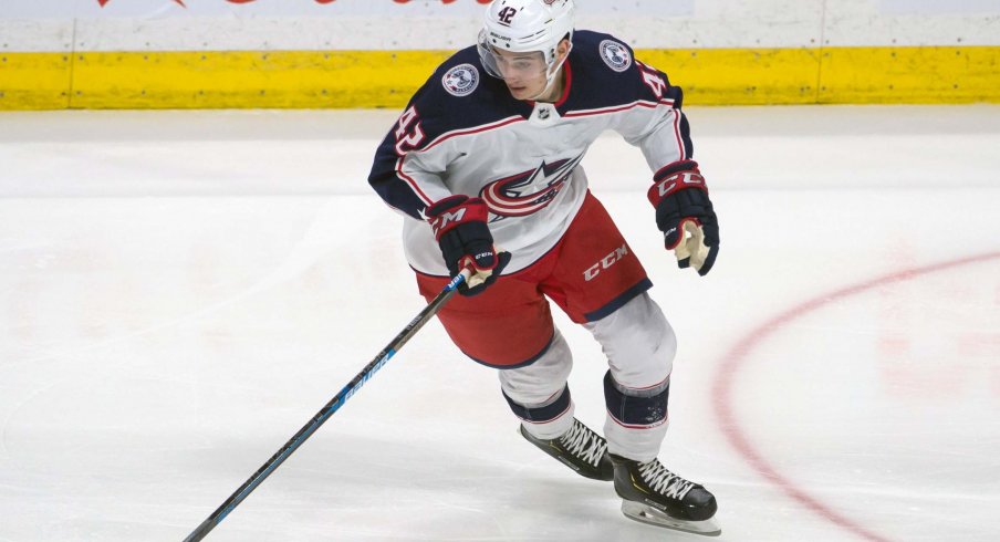 Columbus Blue Jackets center Alexandre Texier (42) skates with the puck in the third period against the Ottawa Senators at the Canadian Tire Centre.