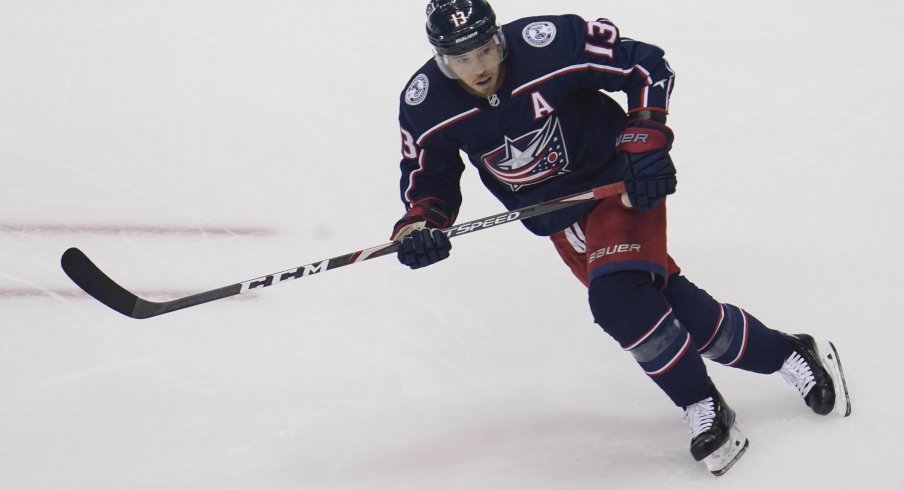 Aug 7, 2020; Toronto, Ontario, CAN; Columbus Blue Jackets forward Cam Atkinson (13) skates against the Toronto Maple Leafs during the second period of game four of the Eastern Conference qualifications at Scotiabank Arena.