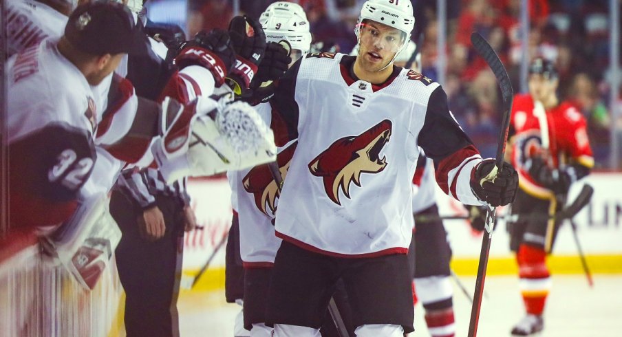 Taylor Hall celebrates a goal with the Arizona Coyotes