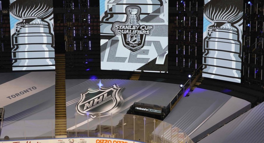 Aug 9, 2020; Toronto, Ontario, CAN; NHL graphic displays before game five of the Eastern Conference qualifications between the Columbus Blue Jackets and Toronto Maple Leafs at Scotiabank Arena.