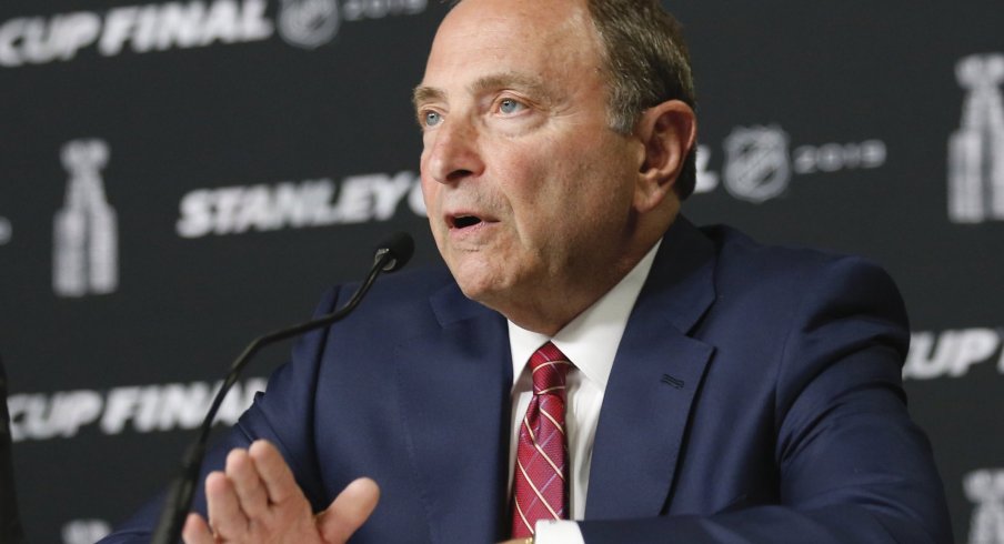 NHL commissioner Gary Bettman speaks at a press conference before game one of the 2019 Stanley Cup Final between the Boston Bruins and the St. Louis Blues at TD Garden.