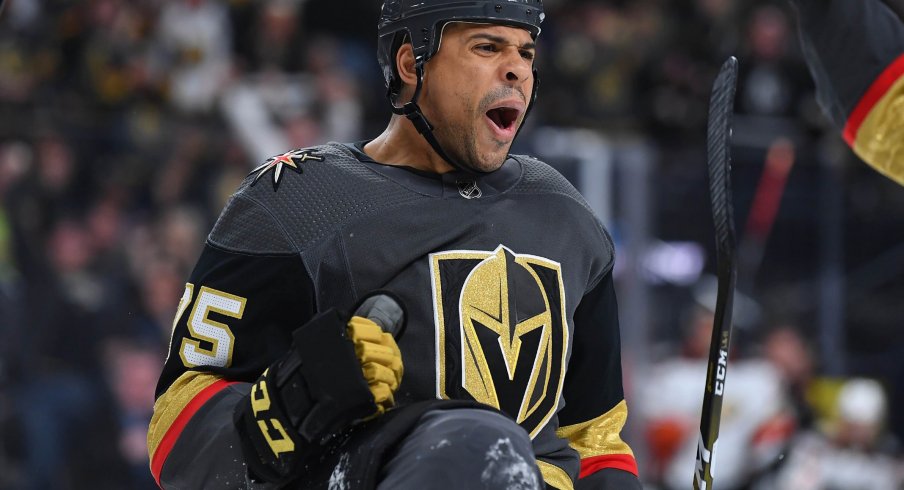 Vegas Golden Knights right wing Ryan Reaves (75) celebrates after scoring a first period goal against the Anaheim Ducks at T-Mobile Arena.