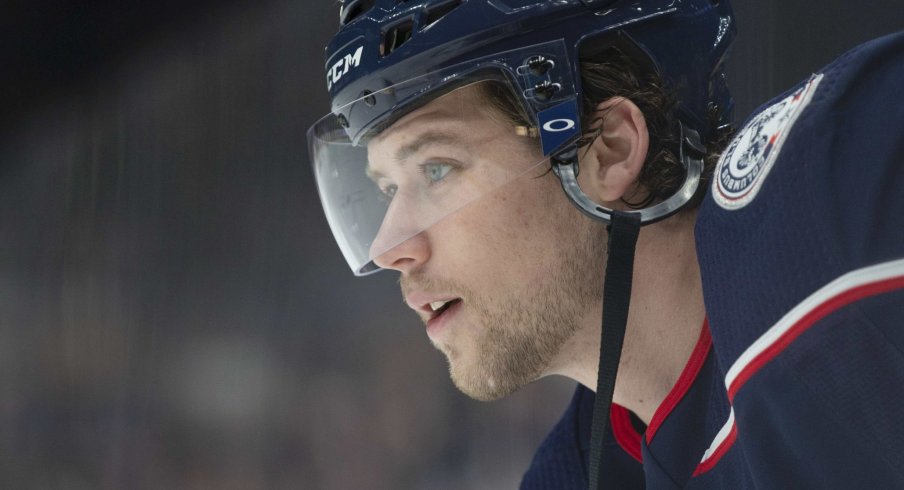 Columbus Blue Jackets right wing Josh Anderson (77) looks on during warm-ups prior to a game against the Calgary Flames at Nationwide Arena.