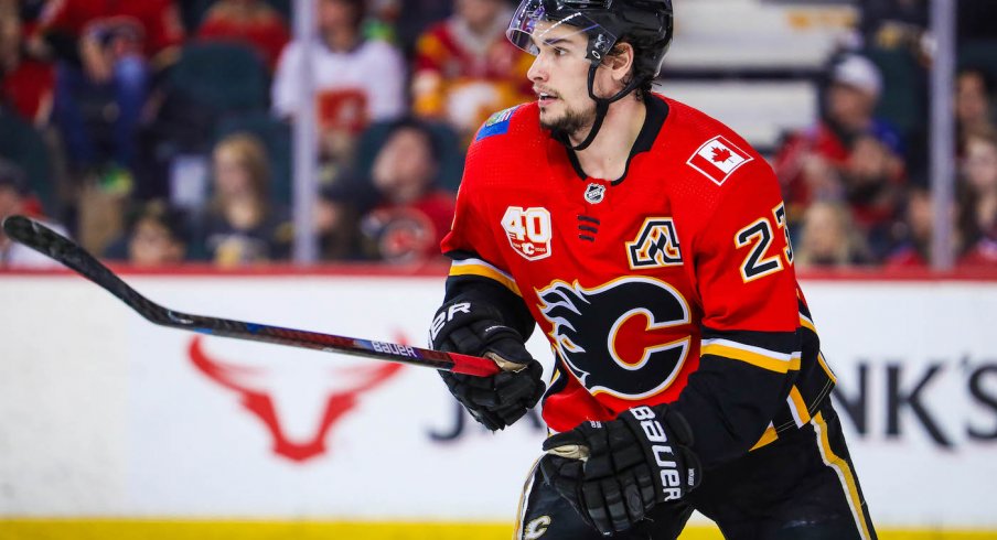 Calgary Flames center Sean Monahan (23) skates against the Vegas Golden Knights during the third period at Scotiabank Saddledome.