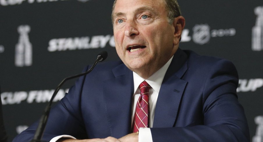 May 27, 2019; Boston, MA, USA; NHL commissioner Gary Bettman speaks at a press conference before game one of the 2019 Stanley Cup Final between the Boston Bruins and the St. Louis Blues at TD Garden.