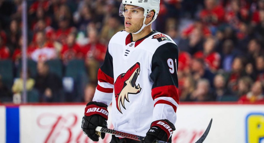 Arizona Coyotes left wing Taylor Hall (91) against the Calgary Flames during the second period at Scotiabank Saddledome.
