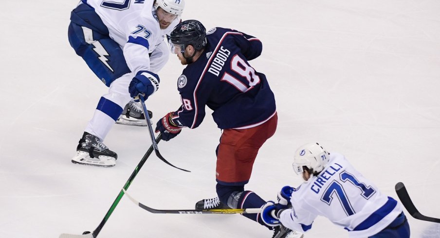 Pierre-Luc Dubois plays against the Tampa Bay Lightning