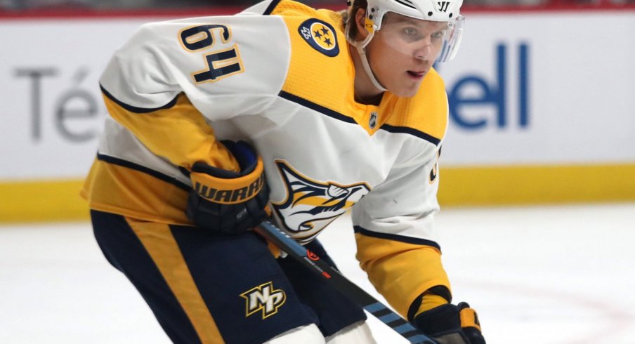 Mar 10, 2020; Montreal, Quebec, CAN; Nashville Predators center Mikael Granlund (64) skates during a second period face-off against Montreal Canadiens at Bell Centre.