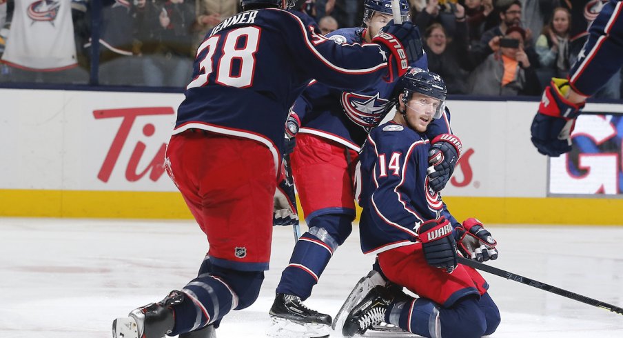 Columbus Blue Jackets forward Gustav Nyquist (14) scores the game winning goal against the Toronto Maple Leafs on a penalty shot at Scotiabank Arena. Columbus defeated Toronto in overtime. 