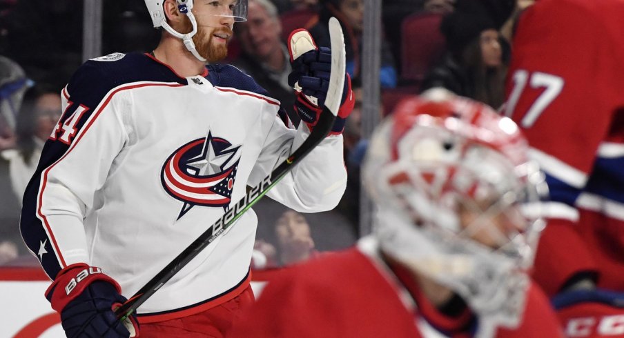 Columbus Blue Jackets defenseman Vladislav Gavrikov (44) reacts after scoring a goal against Montreal Canadiens goalie Carey Price (31) during the first period at the Bell Centre. 