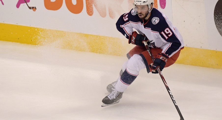 Aug 11, 2020; Toronto, Ontario, CAN; Columbus Blue Jackets center Liam Foudy (19) skates with the puck against the Tampa Bay Lightning in the third overtime in game one of the first round of the 2020 Stanley Cup Playoffs at Scotiabank Arena.