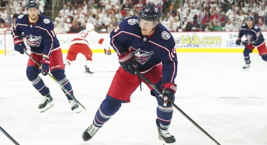 Columbus Blue Jackets center Gustav Nyquist (14) skates with the puck against the Carolina Hurricanes at PNC Arena. The Columbus Blue Jackets defeated the Carolina Hurricanes 3-2.