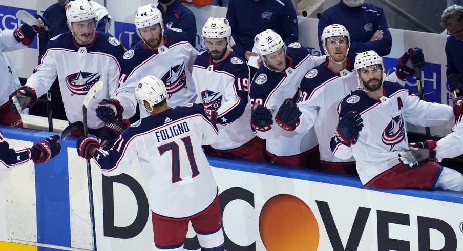 Nick Foligno celebrates a goal during the 2020 Stanley Cup Playoffs