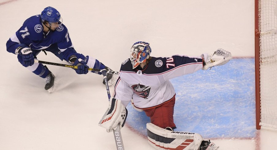 Anthony Cirelli nearly scores during the second period in game two of the first round of the 2020 Stanley Cup Playoffs