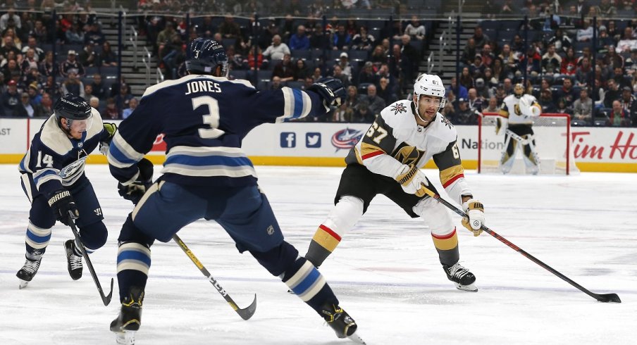 Seth Jones attempts to defend Max Pacioretty of the Vegas Golden Knights