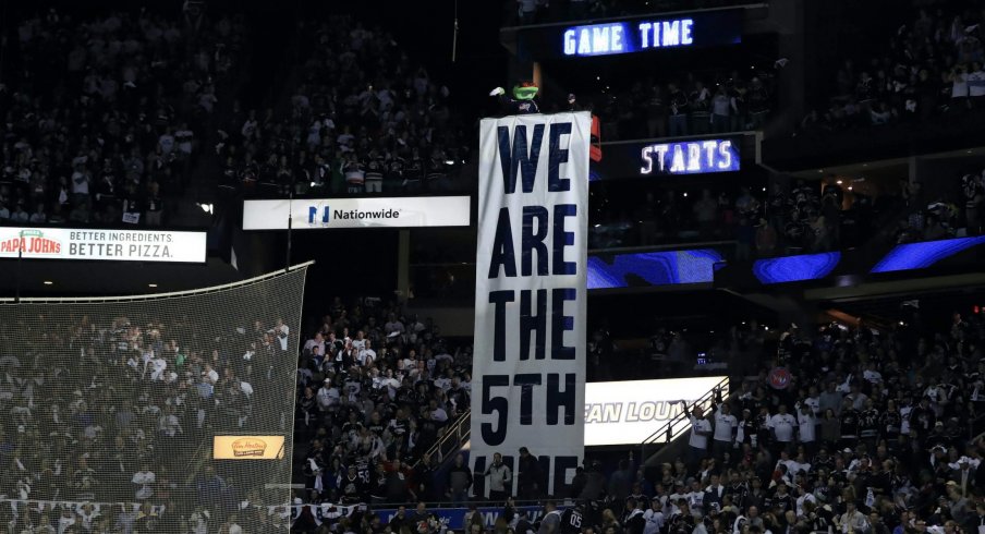 Apr 16, 2019; Columbus, OH, USA; Columbus mascot Stinger stands over the 5th Line banner prior to game four of the first round of the 2019 Stanley Cup Playoffs in the game of the Tampa Bay Lightning against the Columbus Blue Jackets at Nationwide Arena.