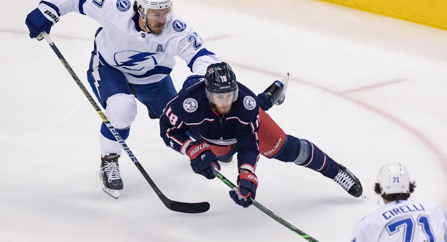 Pierre-Luc Dubois plays against the Tampa Bay Lightning