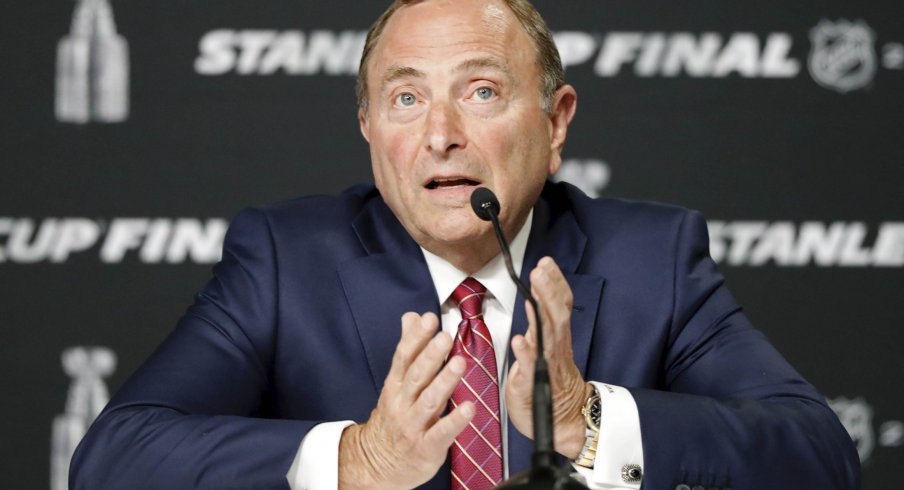 May 27, 2019; Boston, MA, USA; NHL commissioner Gary Bettman speaks at a press conference before game one of the 2019 Stanley Cup Final between the Boston Bruins and the St. Louis Blues at TD Garden.