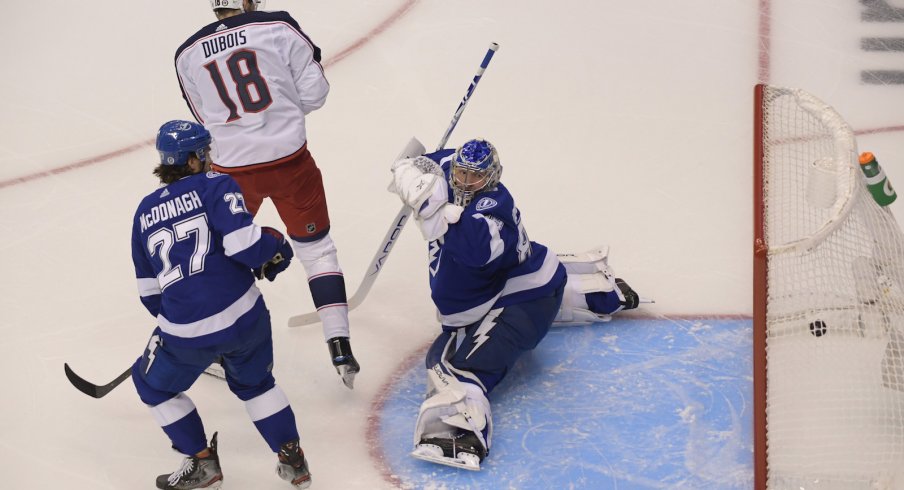 Columbus Blue Jackets forward Pierre-Luc Dubois celebrates a goal scored during the Stanley Cup Playoffs at Nationwide Arena.