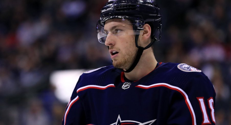Columbus Blue Jackets center Pierre-Luc Dubois looks on during a game at Nationwide Arena.