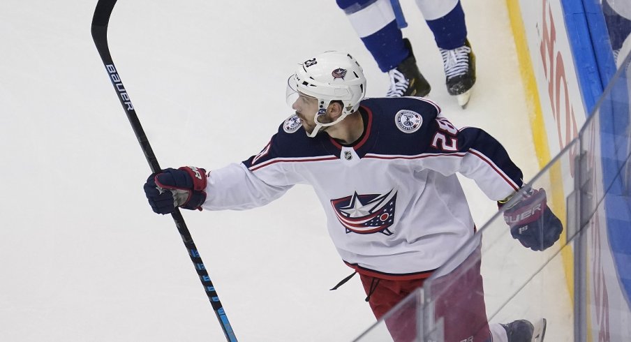 Oliver Bjorkstrand celebrates his goal scored against the Tampa Bay Lightning in game five of the first round of the 2020 Stanley Cup Playoffs