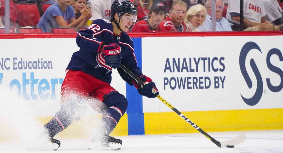 Oct 12, 2019; Raleigh, NC, USA; Columbus Blue Jackets center Alexandre Texier (42) skates with the puck against the Carolina Hurricanes at PNC Arena. The Columbus Blue Jackets defeated the Carolina Hurricanes 3-2.