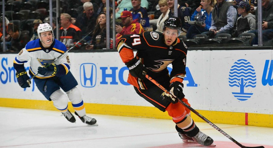 February 11, 2020; Anaheim, California, USA; Anaheim Ducks defenseman Michael Del Zotto (44) moves the puck ahead of St. Louis Blues left wing Sammy Blais (9) during the first period at Honda Center.