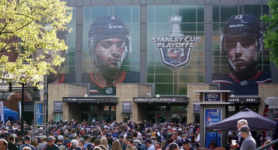 Fans enter Nationwide Arena before the Columbus Blue Jackets played in the 2019 Stanley Cup Playoffs.