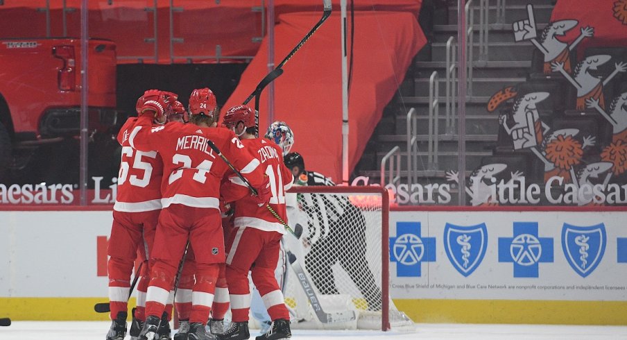 Bobby Ryan celebrates with teammates after scoring a goal against the Columbus Blue Jackets during the first period at Little Caesars Arena