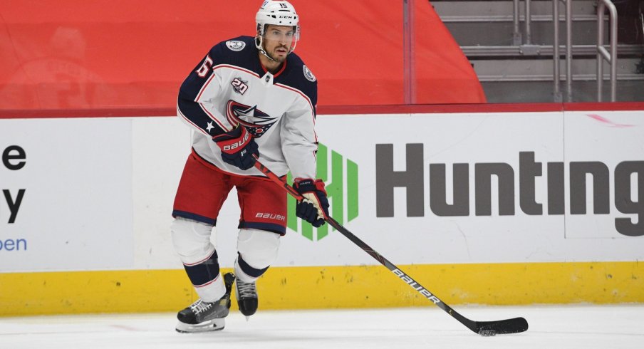 Jan 19, 2021; Detroit, Michigan, USA; Columbus Blue Jackets defenseman Michael Del Zotto (15) during the second period against the Detroit Red Wings at Little Caesars Arena.