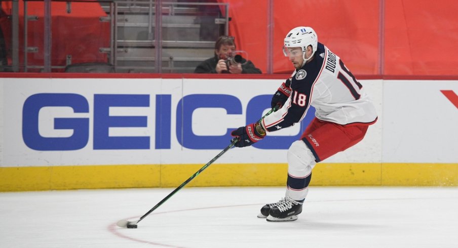 Columbus Blue Jackets center Pierre-Luc Dubois (18) during the first period against the Detroit Red Wings at Little Caesars Arena.