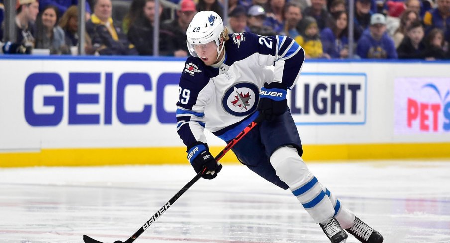 Dec 29, 2019; St. Louis, Missouri, USA; Winnipeg Jets right wing Patrik Laine (29) handles the puck during the first period against the St. Louis Blues at Enterprise Center. 