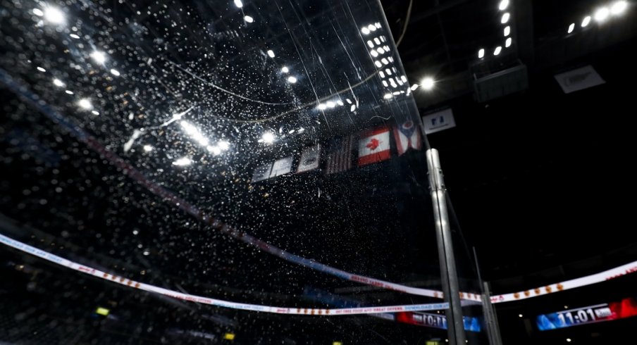  A view of ice spray on the glass during a stop in play in the game between the Florida Panthers and the Columbus Blue Jackets in the third period at Nationwide Arena.