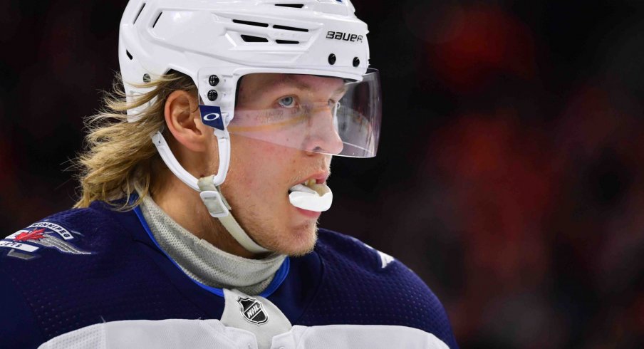 Feb 22, 2020; Philadelphia, Pennsylvania, USA; Winnipeg Jets right wing Patrik Laine (29) looks on in the first period during the game against the Philadelphia Flyers at Wells Fargo Center.