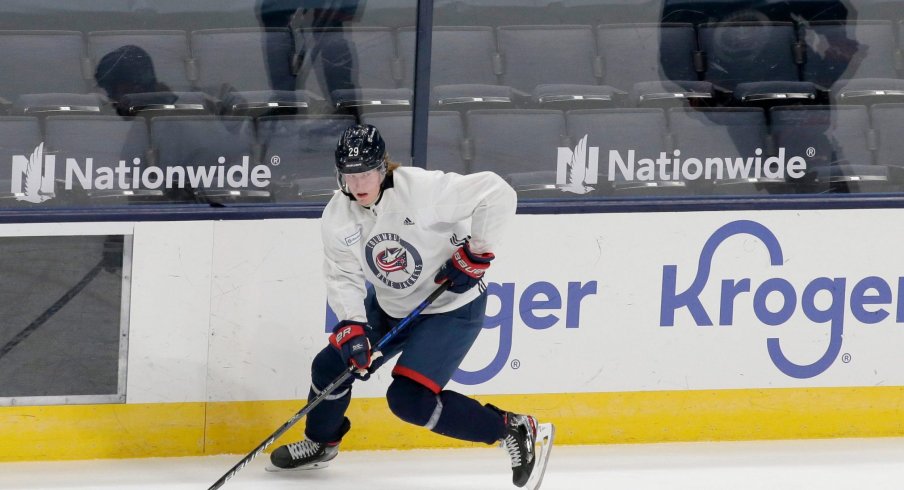 Newest Blue Jacket Patrik Laine practices in the team's morning skate at Nationwide Arena. at Nationwide Arena in Columbus, Ohio on Tuesday, February 2, 2021