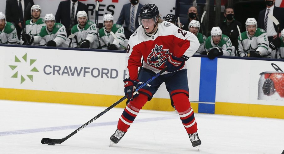 Feb 2, 2021; Columbus, Ohio, USA; Columbus Blue Jackets right wing Patrik Laine (29) looks to pass against the Dallas Stars during the third period at Nationwide Arena.